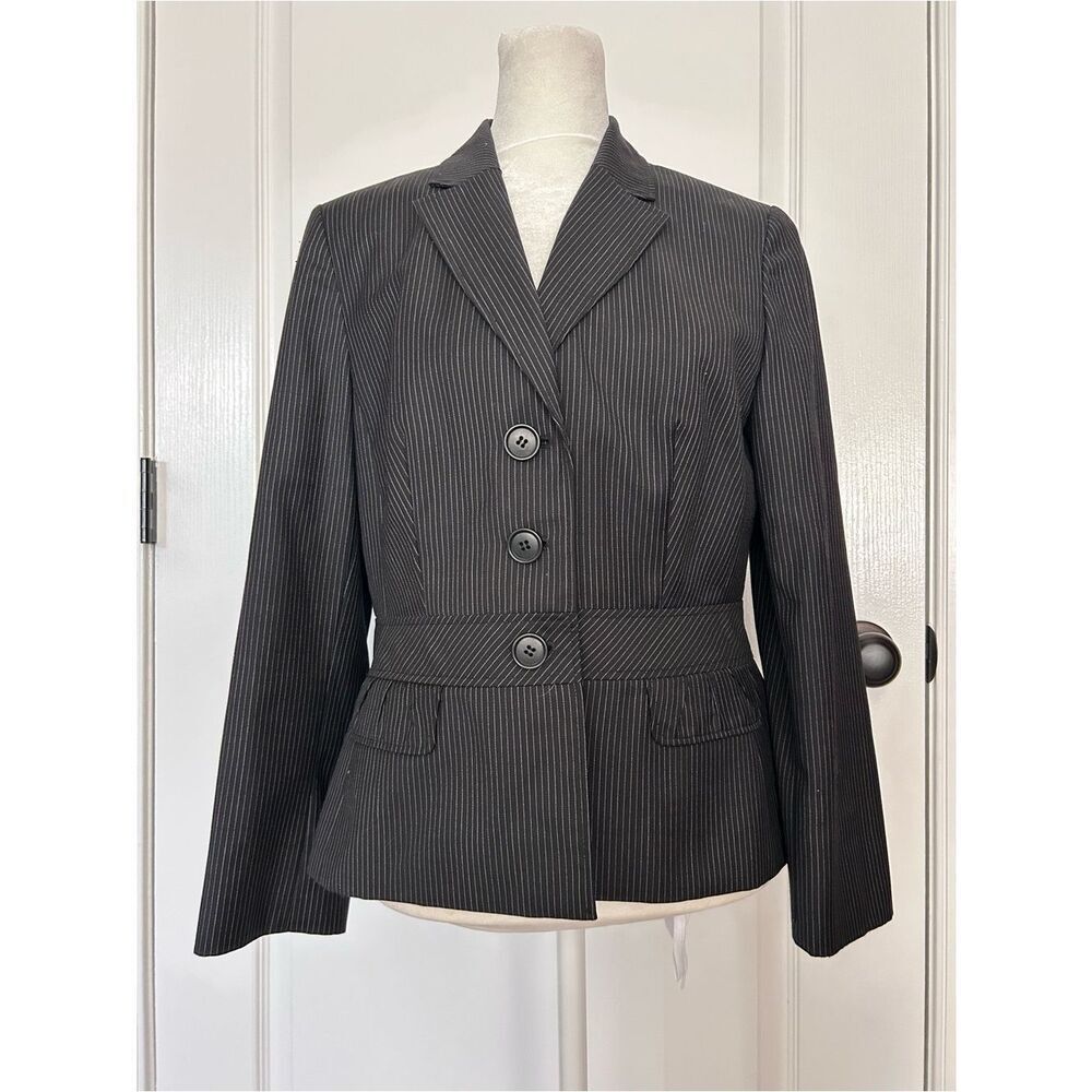 Ann Taylor Loft Black Pinstripe Tailored Blazer Jacket Wool Blend Corporate Core